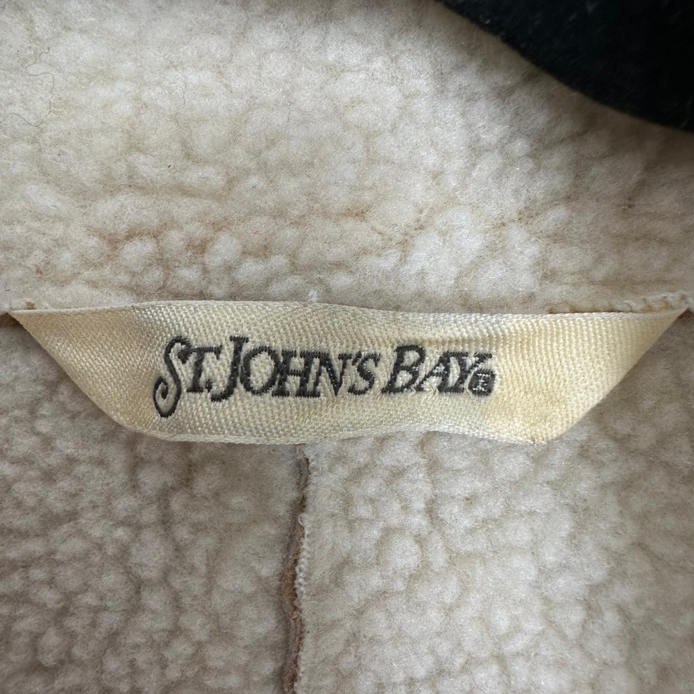 St. John's Bay Tan Suede Embroidered Toggle Coat with Cream Shearling Trim - Picture 10 of 17